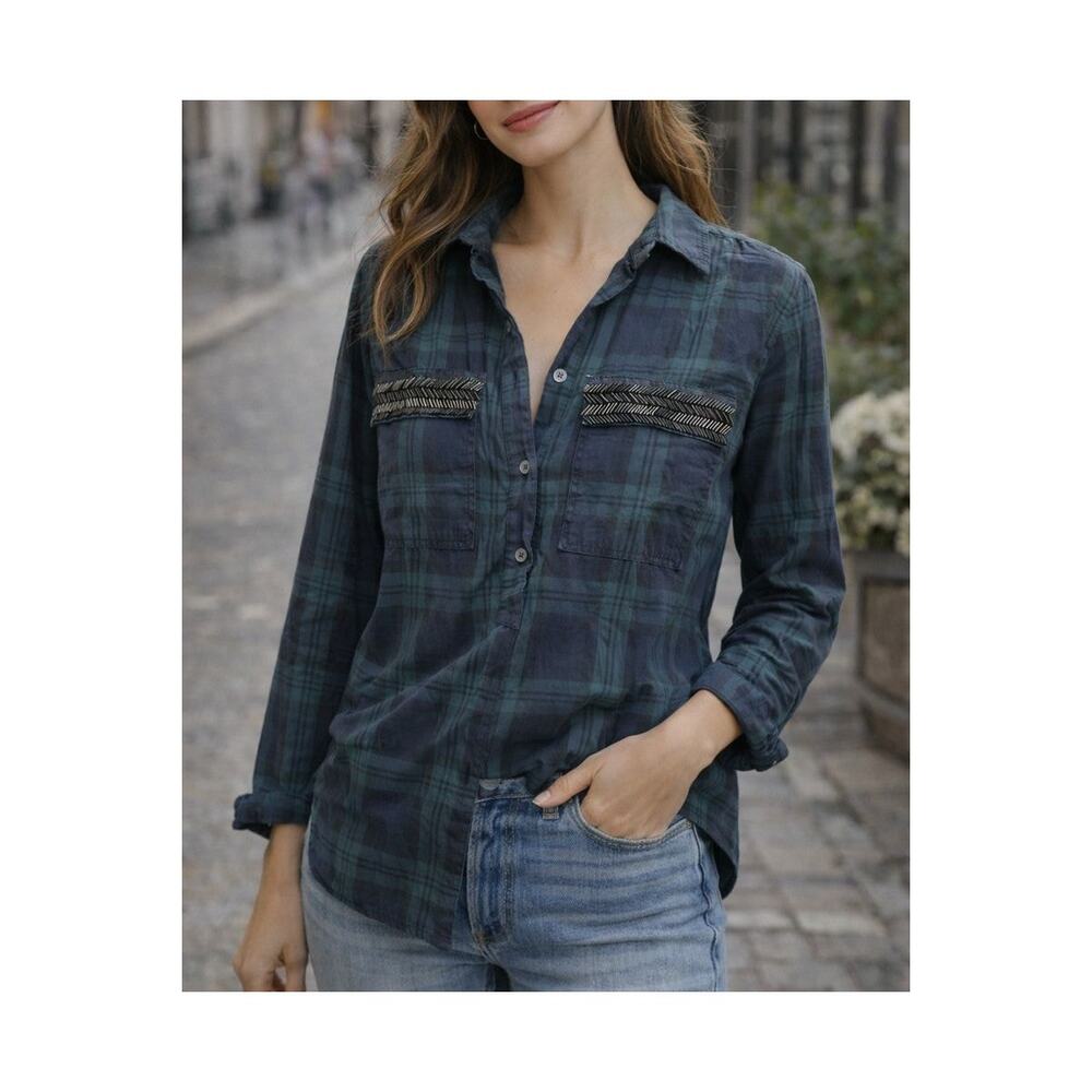 J.Crew Plaid Beaded Button-Up Shirt Navy Green Black Cotton Size 2